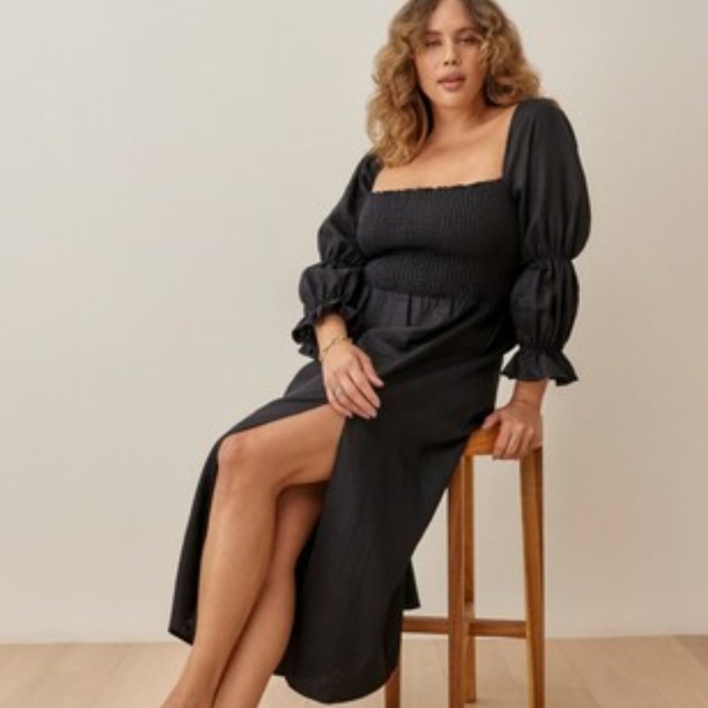 Reformation Hyland Linen Black Midi Dress